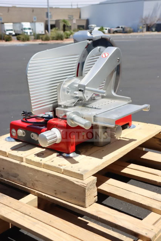 Sirman Mantegna 350 BS red 14" heavy-duty manual meat slicer, model 1535R2208SNA, 120V, on pallet, minor scratches.