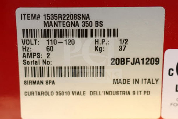 Sirman 1535R2208SNA Mantegna 350 BS 14" red manual meat slicer, new condition, out of original packaging, may have scratches or dents.