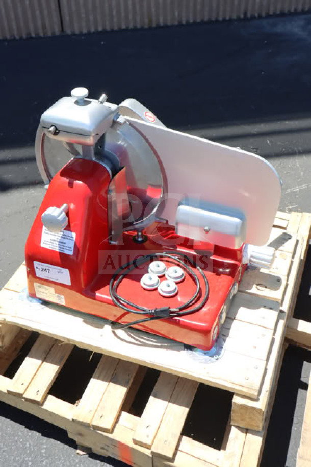 BRAND NEW Sirman Mantegna 350 BS manual meat slicer, red, 14" blade, 120V, shows possible scratching and denting, out of packaging.