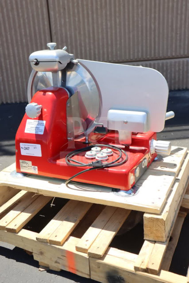 Sirman Mantegna 350 BS red meat slicer, 14" blade, heavy-duty, new condition, minor scratches, serial #20BFJA1209.