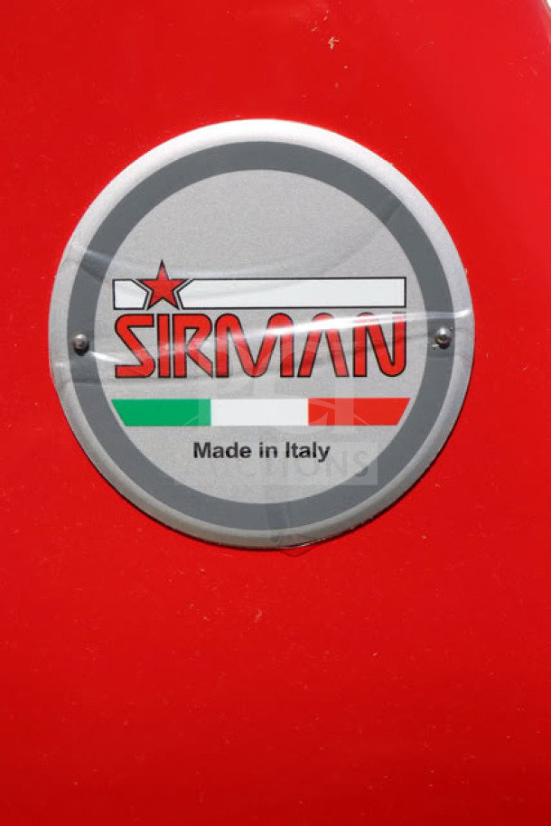 Sirman logo on red manual meat slicer, model Mantegna 350 BS, Made in Italy. Item is out of original packaging.