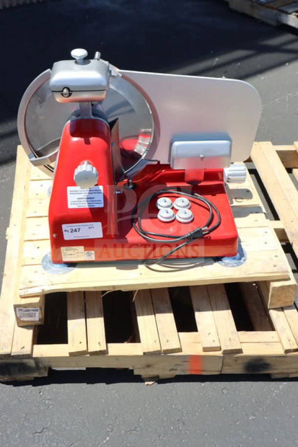 Sirman 1535R2208SNA Mantegna 350 BS 14" red manual meat slicer, 120V, 410W. Out of packaging, may have scratches/dents.