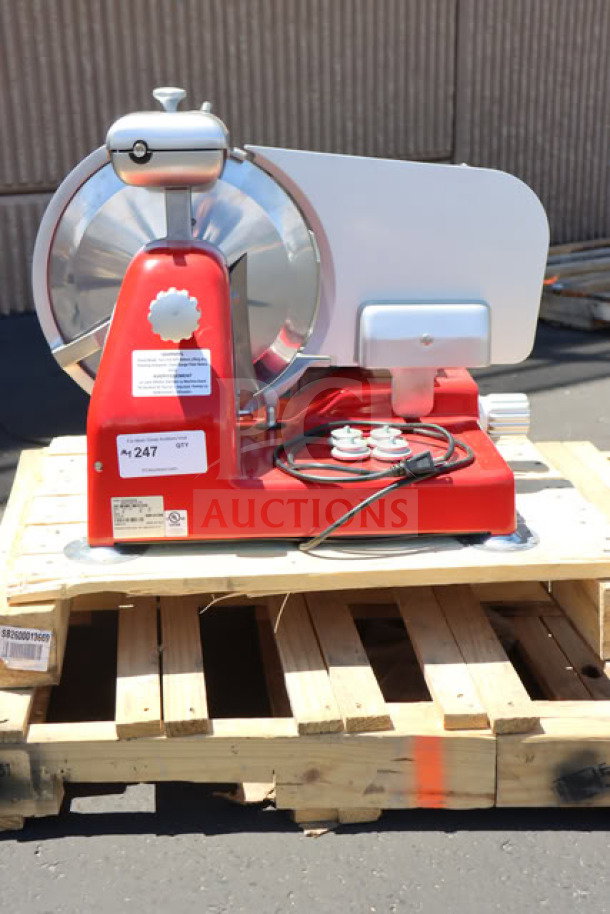 BRAND NEW Sirman Mantegna 350 BS 14" red manual meat slicer, model 1535R2208SNA, 120V, slight scratches and dents.