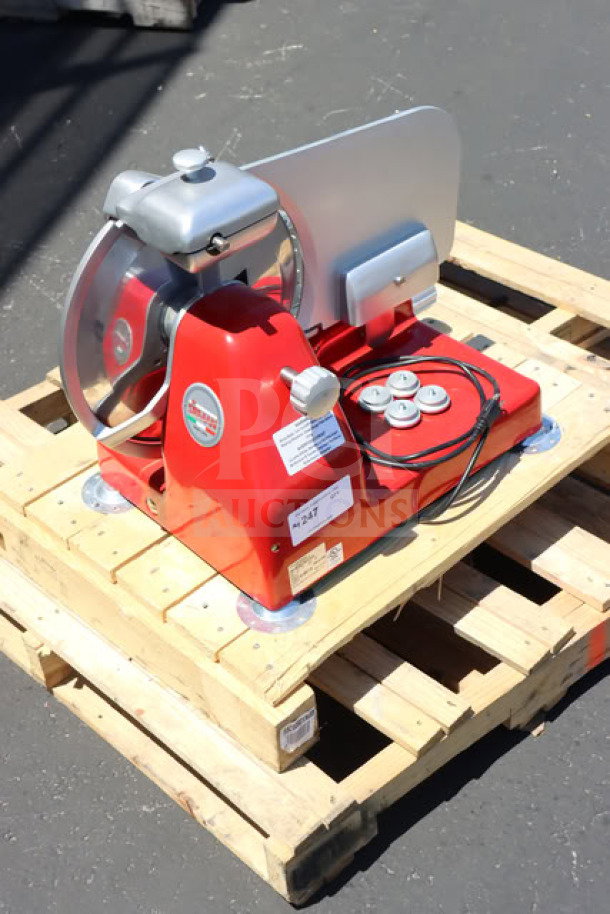 Sirman Mantegna 350 BS red manual meat slicer, new, 14" blade, 120V, light scratches, out of original packaging.