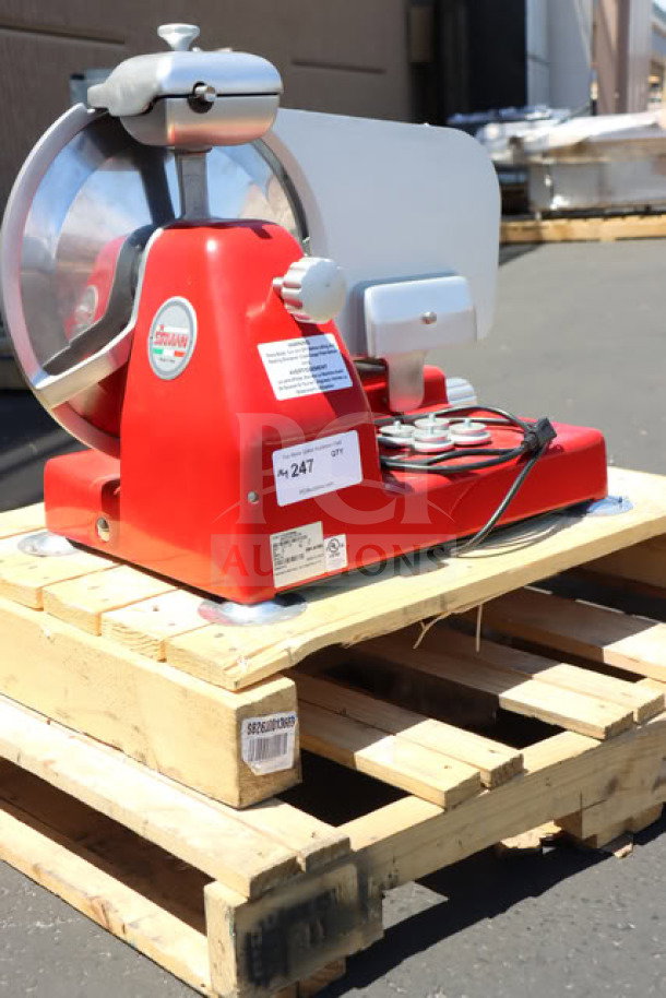 Red Sirman 1535R2208SNA Mantegna 350 BS manual meat slicer. 14-inch blade, heavy-duty, minor scratches, no box. Serial: 20BFJA1209.