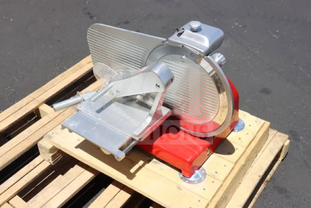 BRAND NEW Sirman Mantegna 350 BS TOP 14" red heavy-duty manual meat slicer, 120V, 3.1A, some scratches/dents visible.