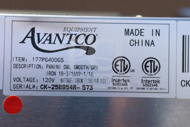 Avantco PG400GS Panini Grill, grooved top, smooth bottom, 19 5/8" x 9 1/8" surface, 120V, 3500W, serial #CK-250954R-573.