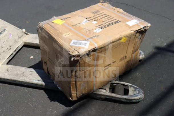 BRAND NEW Regency 600GT15 30 lb. 15 GPM Grease Trap in damaged packaging, PDI Certified, on a pallet jack.