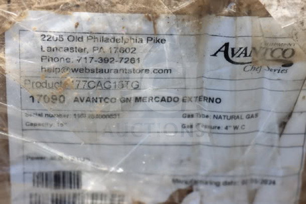 "Avantco Chef Series CAG-15-TG gas griddle label showing model, serial number, and gas specifications. Packaging damaged."