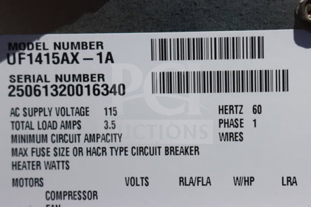 BRAND NEW Scotsman UF1415AX-1A Flake Ice Machine, 115V, Scratch-N-Dent. Serial #: 25061320016340. Model and specs tag visible.