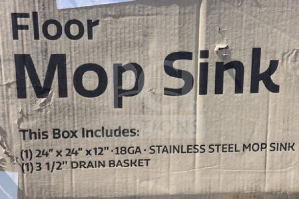 Brand new Steelton 29" 18 Gauge 304 stainless steel mop sink, model 522MS242412, 24"x24"x12" bowl. Packaging damaged.