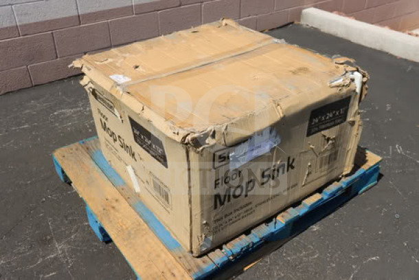 Steelton 522MS242412 18 Gauge 304 Stainless Steel Floor Mop Sink, 29", sealed in damaged packaging on a pallet.