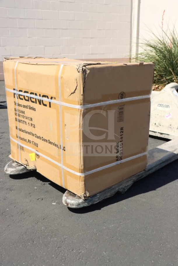 Boxed Regency one bowl underbar sink with right drainboard, Model 600B1101412R, new condition. Box shows slight wear.