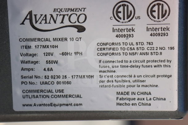Alt text: "Label of Avantco MX10H 10 Qt. Planetary Stand Mixer showing details like 120V, 3/4 hp, and serial number 52 0230 25 - 177MX10H."