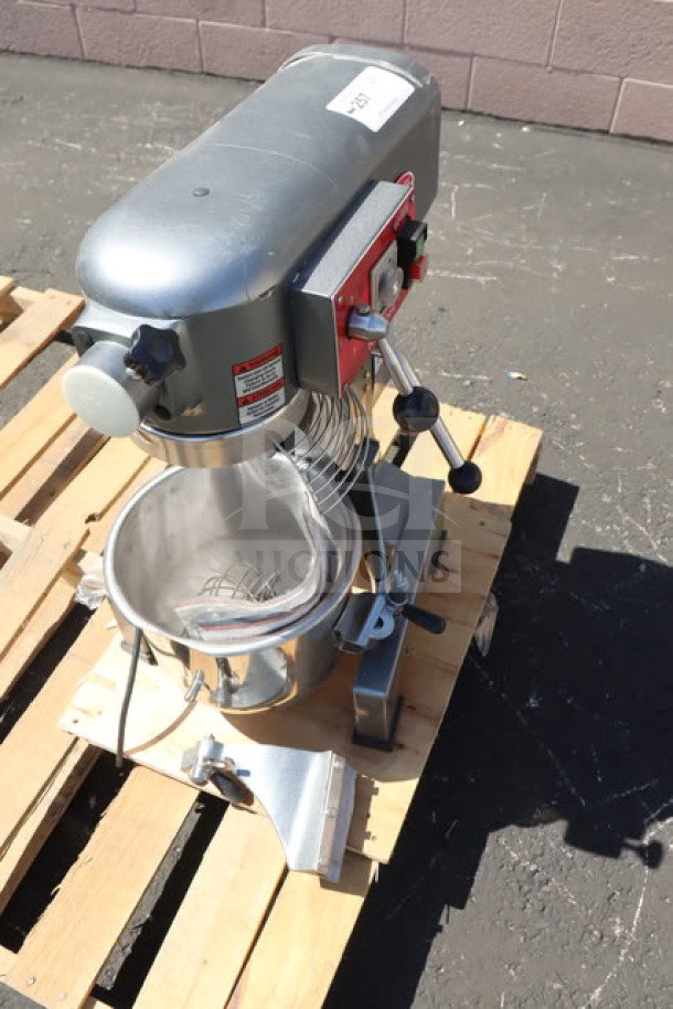 Brand new Avantco MX10H 10 Qt. planetary stand mixer with guard, standard accessories, and scratch-n-dent label.