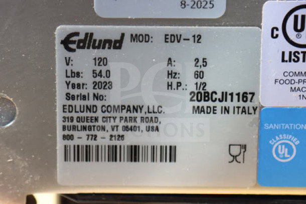 Edlund EDV-12 12" Manual Meat Slicer, Model EDV-12, Serial #20BCJI1167, new with possible scratches, 1/2 hp, 115V.