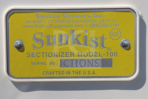 Sunkist S-100 Commercial Sectionizer label, showing model number, serial number 162903, and manufacturer details.