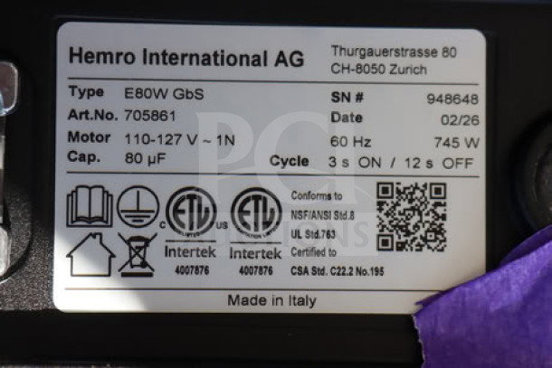 Mahlkonig E80W GBS espresso grinder, serial #948648, 4 lb. capacity, 120V. Label details specs and safety certifications.