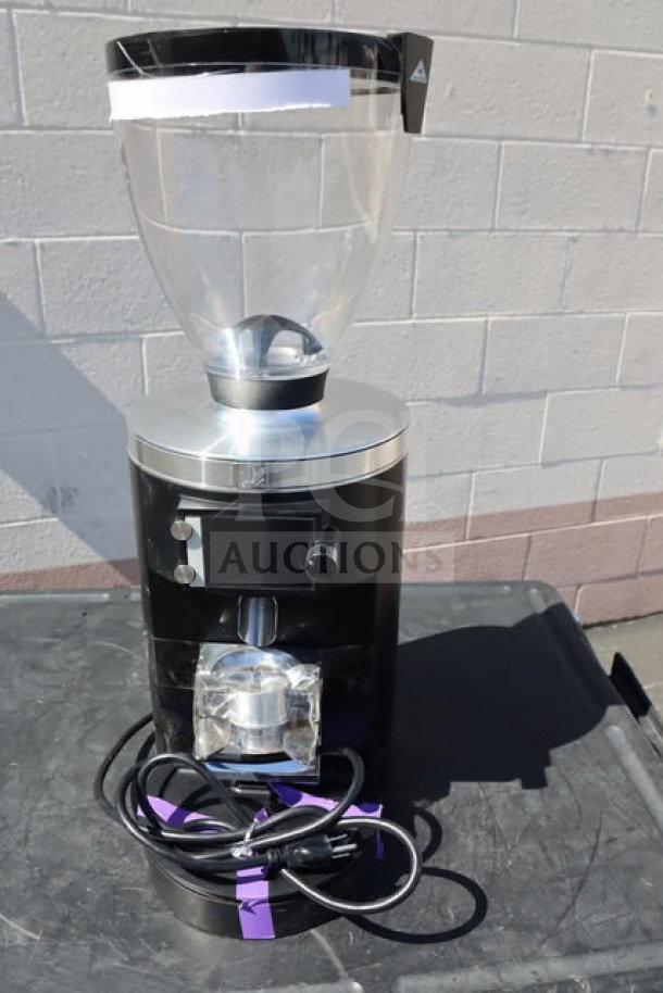 Mahlkonig E80W GBS black espresso grinder, 4 lb. capacity, model E80W, serial #948648, visible power cord, great condition.