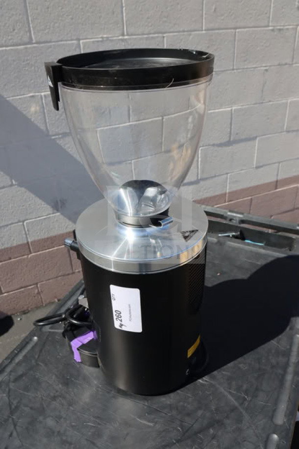 Mahlkonig E80W GBS espresso grinder in black, 4 lb. capacity, model E80W GBS, serial #948648, visible price tag.