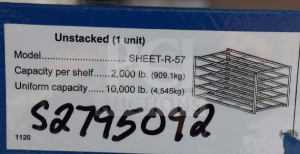 BRAND NEW Vestil 4-Shelf Steel Rack SHEET-R-57-HB-1, 2,000 lb. shelf capacity, serial S2795092. Note: Bottom rack has a broken weld.