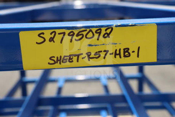 BRAND NEW Vestil 4-shelf steel rack, model SHEET-R-57-HB-1, 2,000 lb. capacity. Serial #S2795092. Bottom rack has broken weld.