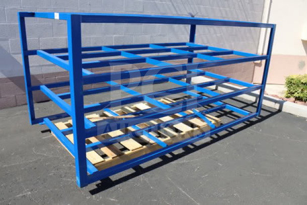 Brand new Vestil SHEET-R-57-HB-1 4-shelf steel sheet rack, 2,000 lb. shelf capacity, dimensions: 102 3/4" x 54 1/2" x 48". Bottom rack has a broken weld. Serial #: S2795092.