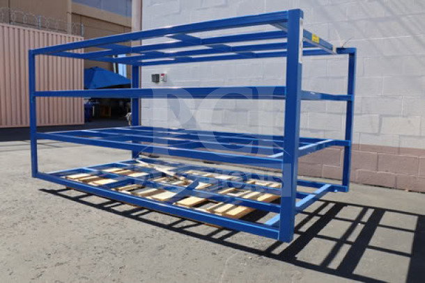 Vestil 4-shelf steel sheet rack, model SHEET-R-57-HB-1, 2000 lb. capacity, blue, 102 3/4"x54 1/2"x48". Bottom weld broken.