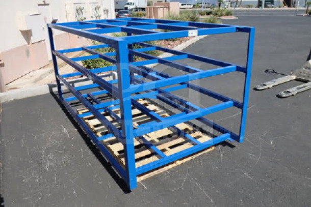 BRAND NEW Vestil 4-shelf blue steel material rack, model SHEET-R-57-HB-1, 2,000 lb capacity, 102.75"x54.5"x48", with broken weld.