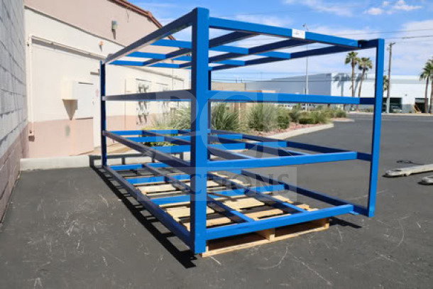 Brand new Vestil 4-shelf steel sheet material rack, model SHEET-R-57-HB-1, 2,000 lb. capacity, broken weld on bottom rack.