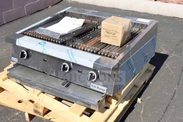 BRAND NEW U.S. Range UTBG36-AB36 36" ceramic briquette charbroiler, 90,000 BTU, liquid propane, adjustable grates, scratch-n-dent condition.