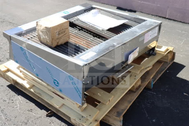 Brand new U.S. Range UTBG36-AB36 36" ceramic briquette charbroiler, scratch-n-dent, liquid propane, 90,000 BTU, on pallet.