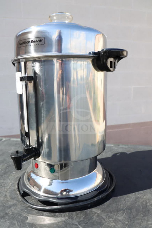 New Hamilton Beach D50065 60-Cup Stainless Steel Coffee Urn, 1000W, 120V, model showing minor scratches.
