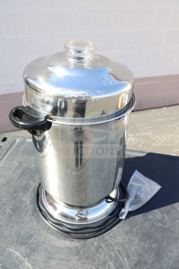 Brand new Hamilton Beach D50065 60-cup stainless steel coffee urn, 1000W, 120V, minor scratches visible.