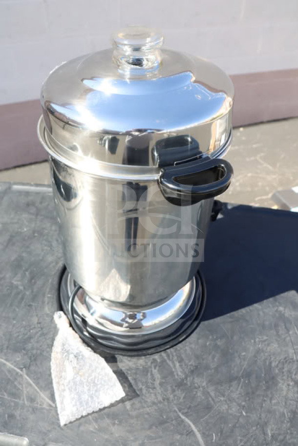 Brand new Hamilton Beach D50065 coffee urn, 60 cup capacity, stainless steel, 1000W, 120V, scratch-n-dent condition.