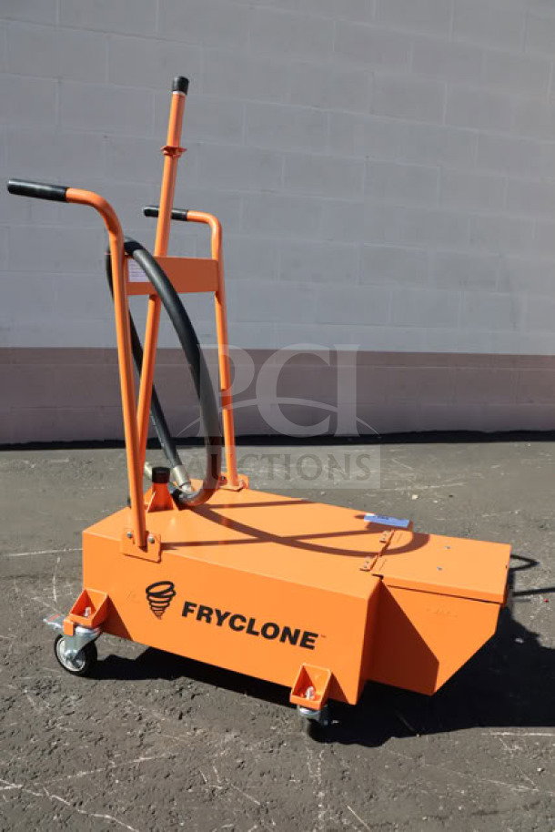 BRAND NEW Fryclone 259DISP100 fryer oil disposal unit, bright orange, on casters. May have minor scratches or missing parts.