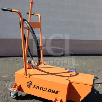 BRAND NEW Fryclone 259DISP100 fryer oil disposal unit, bright orange, on casters. May have minor scratches or missing parts.
