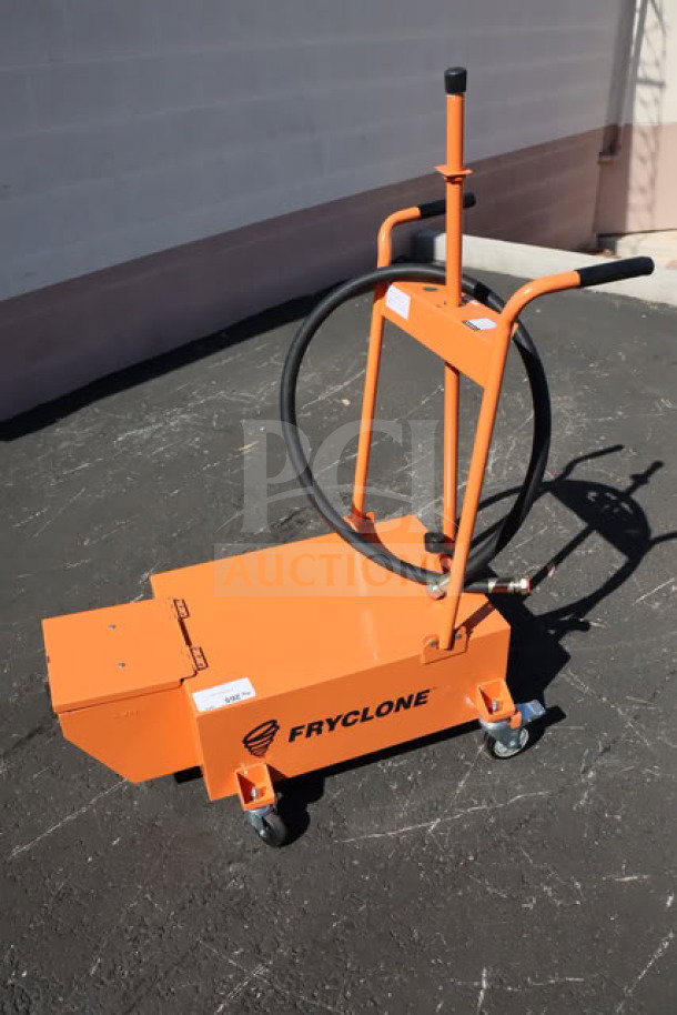BRAND NEW Fryclone 100 lb. Fryer Oil Disposal Unit, model 259DISP100, visible minor scratches, handles and wheels shown.