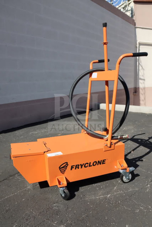 BRAND NEW Fryclone 100 lb. fryer oil disposal unit, model 259DISP100, orange, may have minor scratches/dings, on wheels.