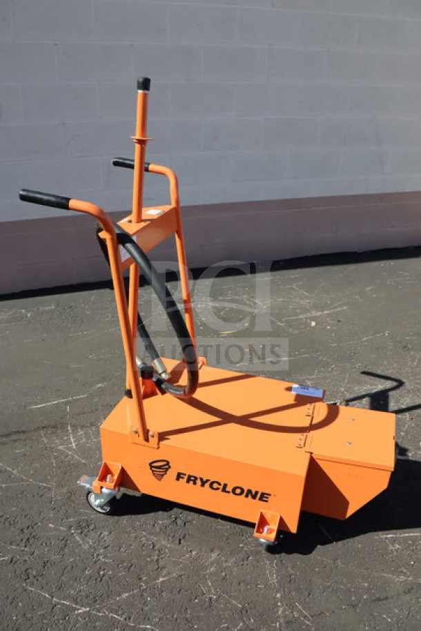 BRAND NEW Fryclone 259DISP100 fryer oil disposal unit, orange, 100 lb capacity, minor transport scratches, may be missing parts.