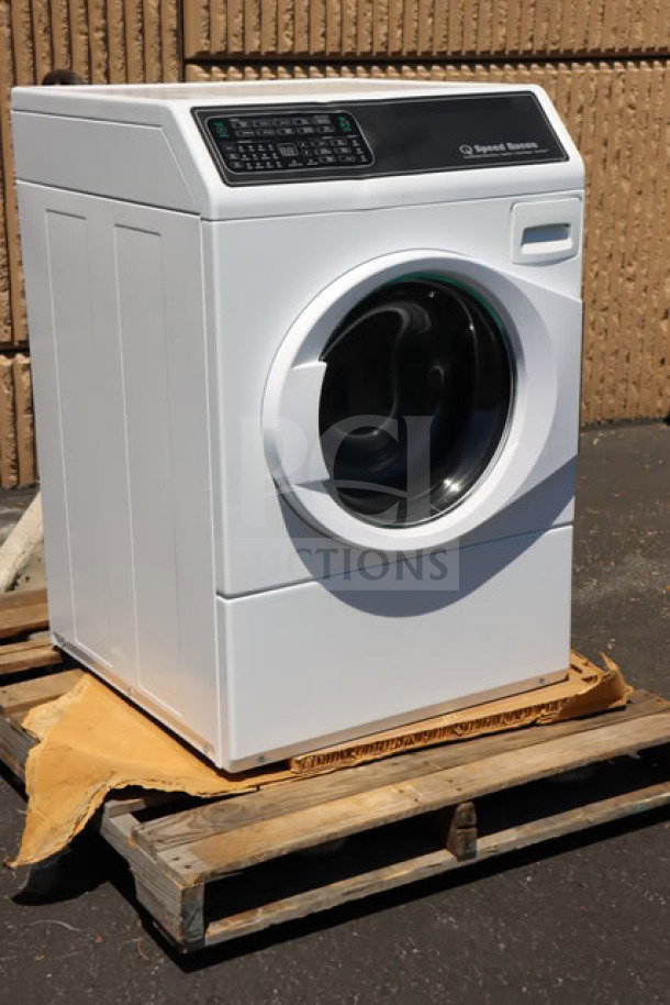 Brand new Speed Queen FF7012WN front load washer, 3.5 cu. ft., right hinged, 120V, scratch-n-dent condition, on pallet.