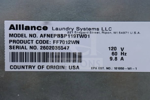 Label for a Speed Queen FF7012WN washer. Shows model, serial number, voltage, and origin details.