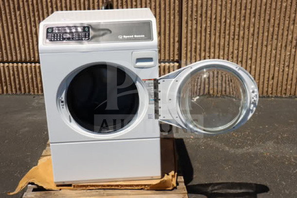 Brand new Speed Queen FF7012WN 3.5 cu. ft. front-load washer, right hinged, front control, pet-friendly, slight dent visible.