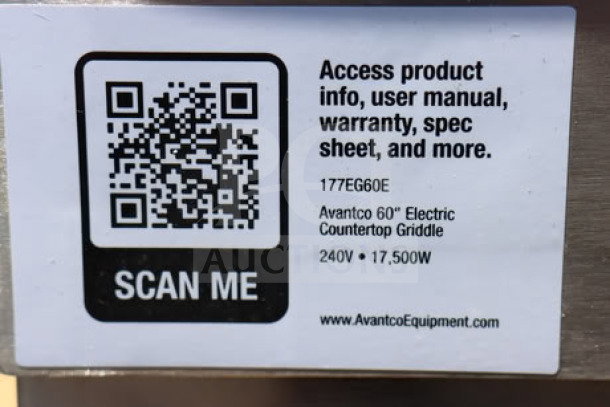 Avantco EG60E 60" electric countertop griddle, 240V, 17,500W, missing middle leg; includes QR code for product info.