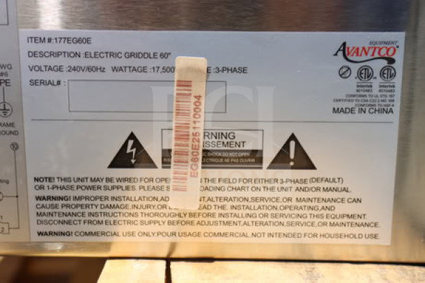 Avantco EG60E electric griddle label, 60", 240V, 17,500W, serial EG80E25110004, appears to be missing a middle leg.