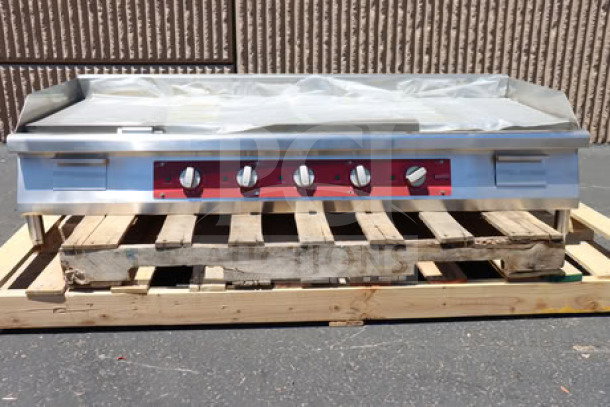 Avantco EG60E 60" electric countertop griddle, 240V, 17,500W, new with scratch-and-dent imperfections, missing middle leg.