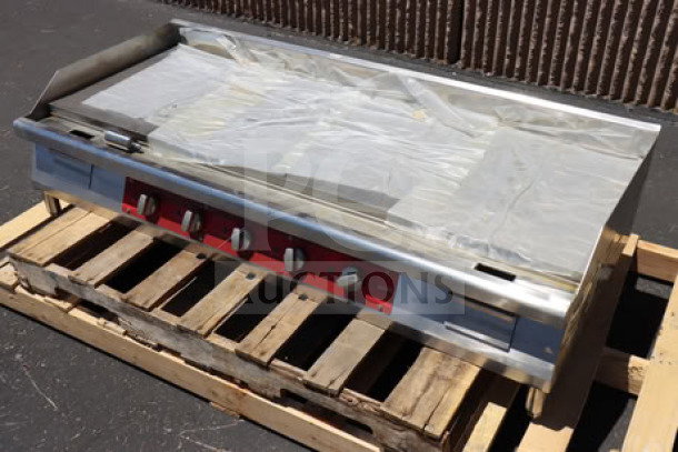 Avantco EG60E 60" electric countertop griddle, 240V, 17,500W; brand new, missing middle leg, serial EG80E25110004.