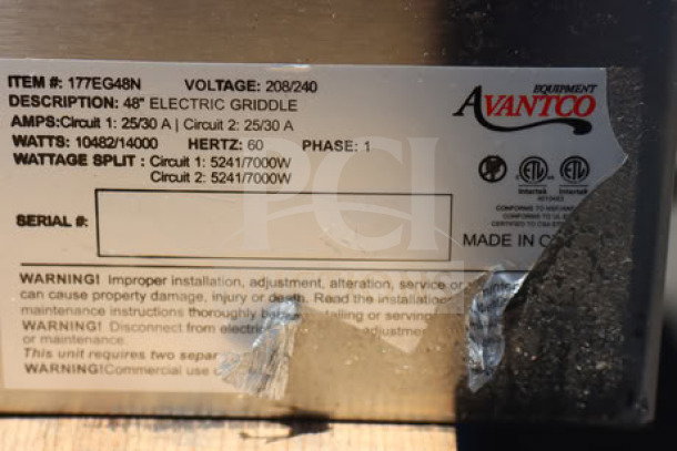 Avantco EG48N electric countertop griddle, 48", 208/240V, 10482W-14000W, label shows voltage, wattage, and warnings.