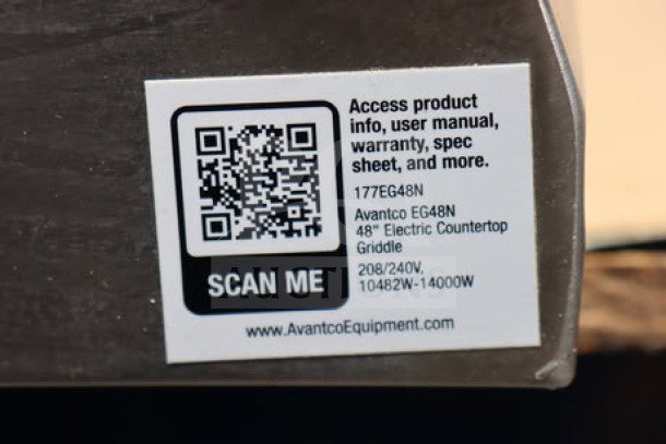 Avantco EG48N 48" Electric Countertop Griddle label showing QR code and specs, 208/240V, 10482W-14000W.