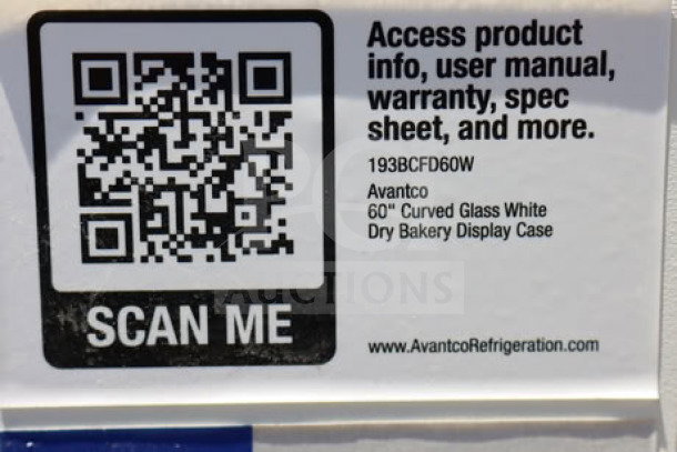 QR code label on Avantco BCFD-60 bakery display case showing product info and access details.